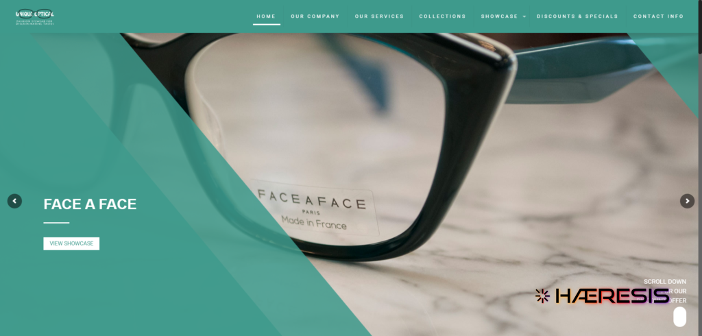 Screenshot of home screen web design of Unique Optical, a high end designer eyewear shop.