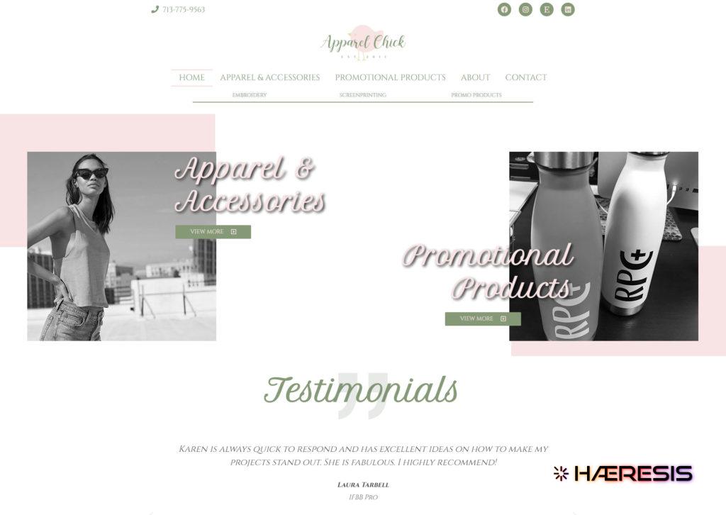 Screenshot of home page for apparel chick website