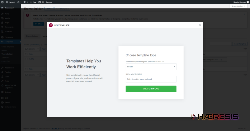 screenshot of elementor dialogue box for setting up a header