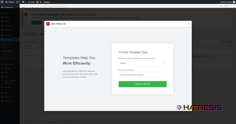 screenshot of elementor dialogue box for setting up a header