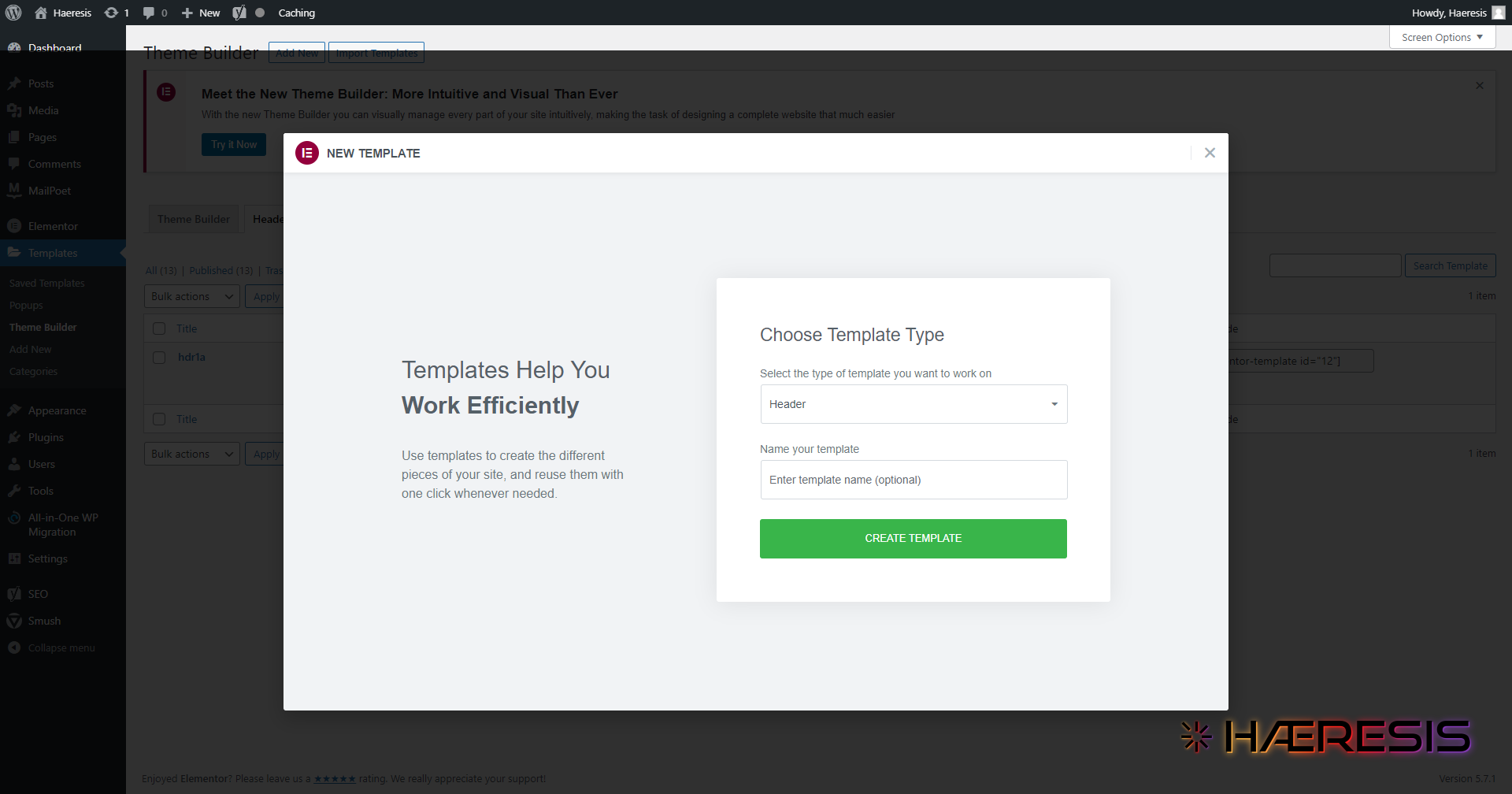 screenshot of elementor dialogue box for setting up a header