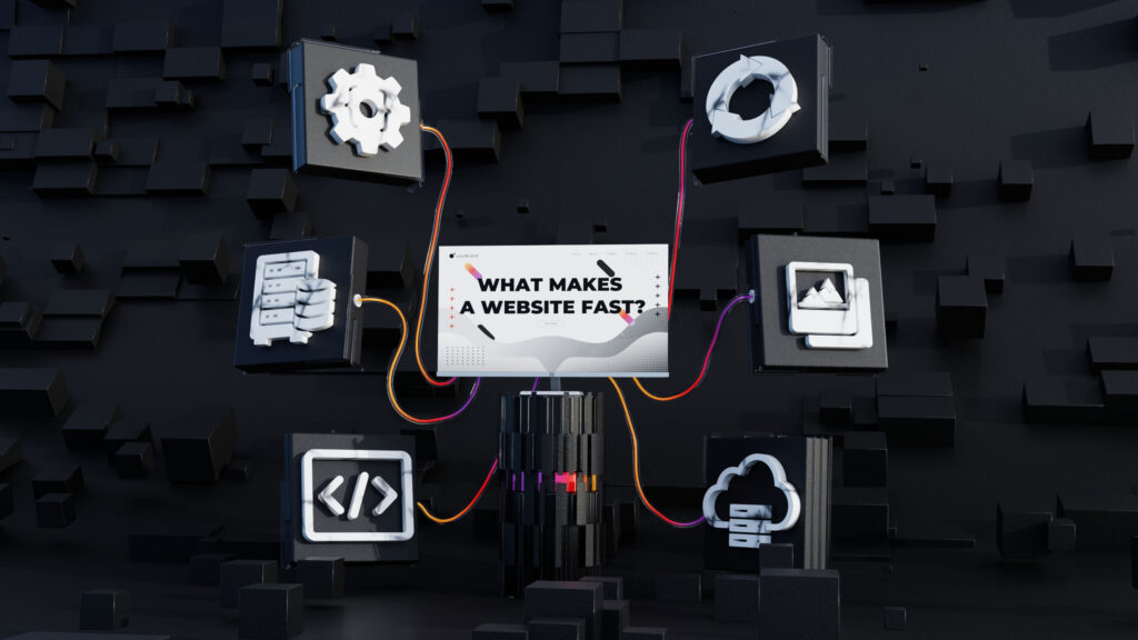 Illustration showing hosting, images, caching, code, databases, and other systems that contribute to website performance.