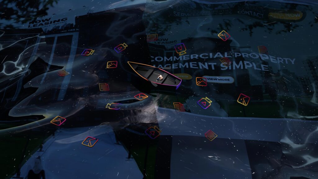 Surreal illustration of a person in a boat navigating waves over commercial property and website imagery, surrounded by document, photo, and video icons. | Haeresis