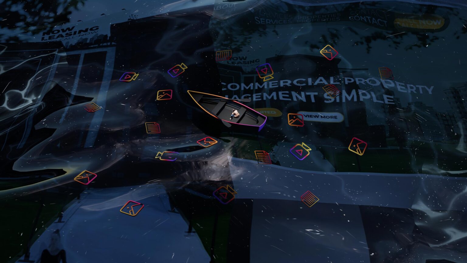 Surreal illustration of a person in a boat navigating waves over commercial property and website imagery, surrounded by document, photo, and video icons. | Haeresis